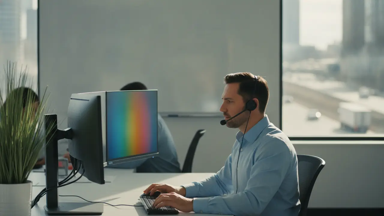 A freight broker at a dual-monitor dispatch desk, headset on, working loads in a bright office.