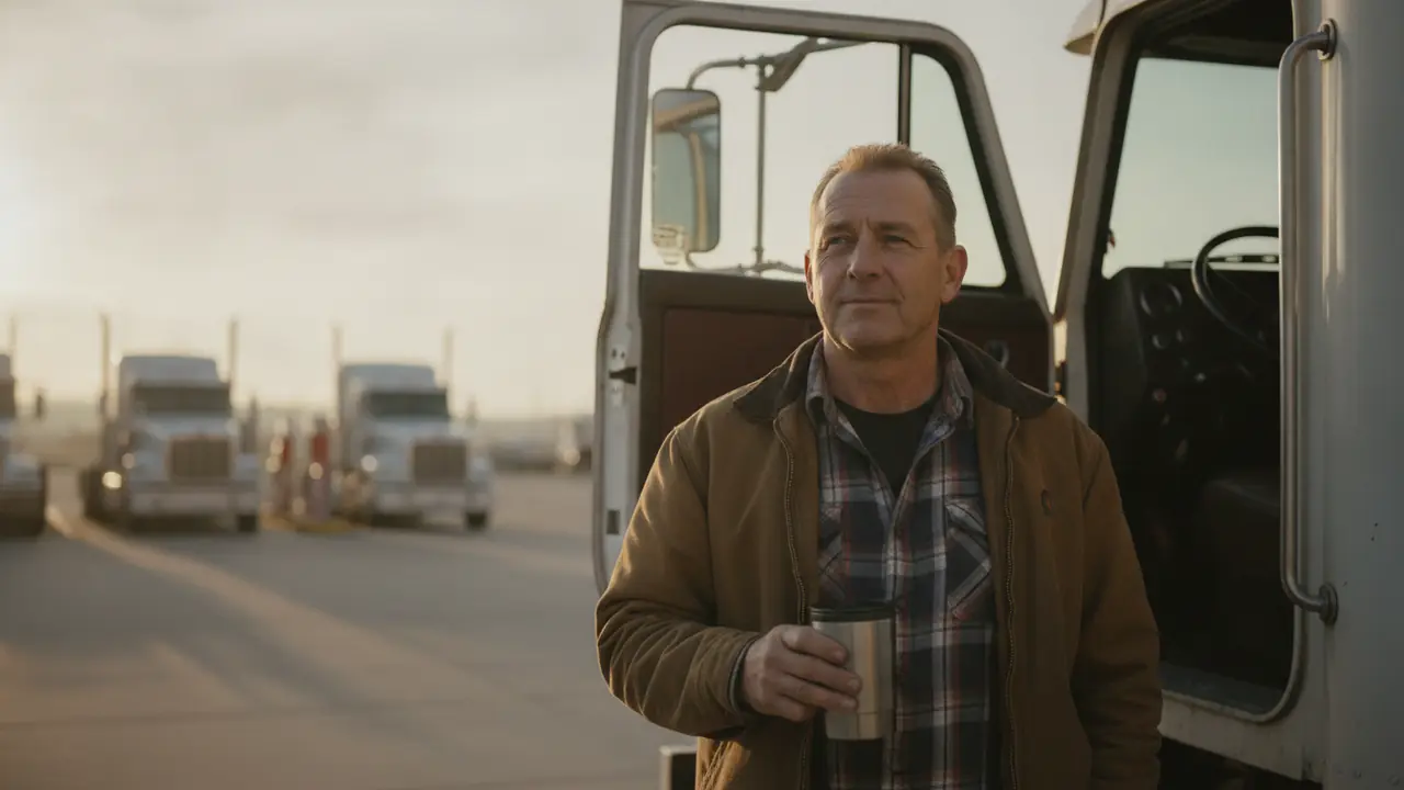 An owner-operator standing beside the cab of his semi truck at a truck stop in the early morning, coffee in hand.