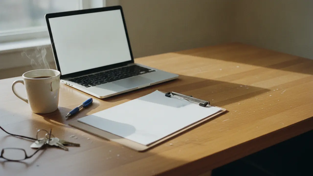 A laptop, a mug of coffee and a clipboard of forms on a wooden desk, set up to work through carrier registration paperwork.