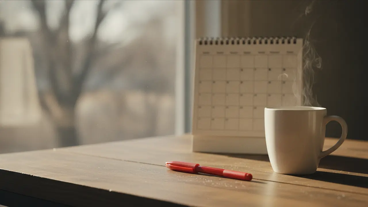 A desk calendar and pen beside a coffee mug in warm winter light, evoking an end-of-year compliance deadline.